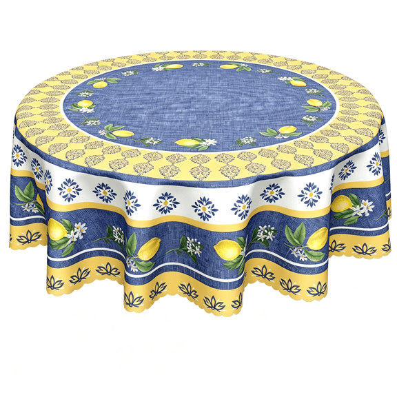 Odenmar 70 inch Round Tablecloth, Blue Yellow Lemon Fruit Print, Polyester Washable Reusable Cover for Dining Kitchen Outdoor Decor