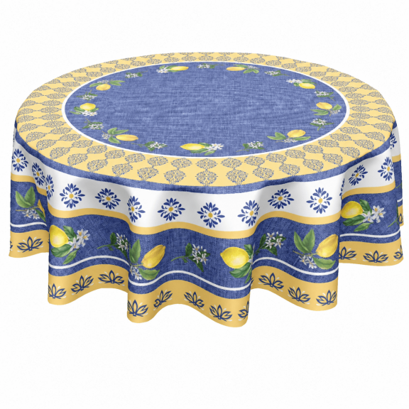Odenmar 70 inch Round Tablecloth, Blue Yellow Lemon Fruit Print, Polyester Washable Reusable Cover for Dining Kitchen Outdoor Decor