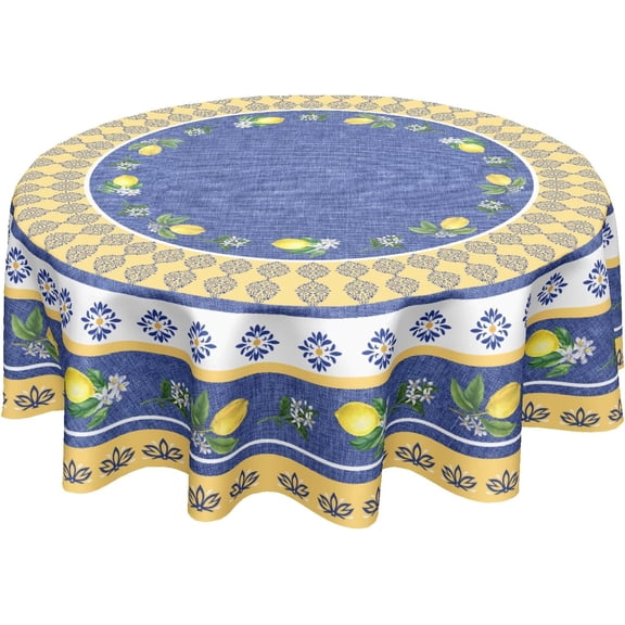 Odenmar 70 Inch Round Lemon Tablecloth, Waterproof Washable Large Table Cover, Blue Yellow Fruit Pattern Table Cloth for Dining Table, Kitchen Indoor Outdoor Summer Decor