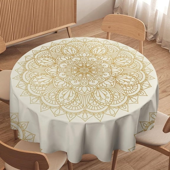 Odenmar 70 Inch Round Mandala Tablecloth, Waterproof Washable Large Table Cover, White Gold Floral Pattern Table Cloth for Dining Table, Indoor Home Decor