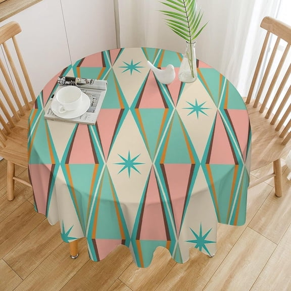 Odenmar 70 Inch Round Tablecloth, Mid Century Geometric Table Cover, Retro Abstract Pattern Waterproof Washable Polyester Tablecloth for Dining Kitchen Party Decor