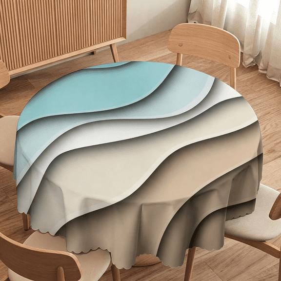 Odenmar 70 inch Round Tablecloth, Featuring Blue Beige Abstract Wave Pattern, Made from Polyester Fabric for Dining Kitchen Home Decor