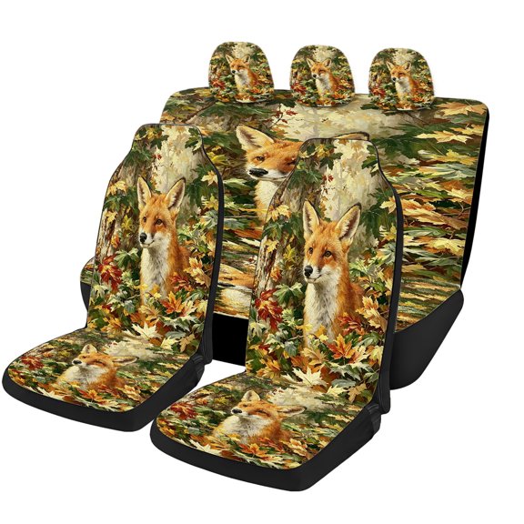 Odenmar Autumn Fox Forest Car Seat Covers Full Set Universal Fit Mesh Fabric Seat Protector Front Rear Bench Headrests Woodland Fall Leaves Nature Animal Car Interior Decor SUVs Trucks Vans