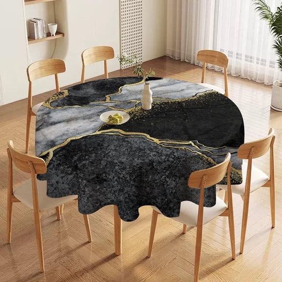 Odenmar Black Gold Marble Round Tablecloth 60 Inch, Luxury Modern Table Cover, Waterproof Washable Polyester Tablecloth for Dining Kitchen Party Decor