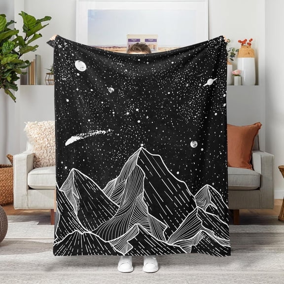 Odenmar Black and White Mountain Throw Blanket 60 x 80 Inch Soft Flannel Lightweight Cozy Starry Night Moon Blanket for Sofa Bed Couch Chair, Nature Landscape Decorative Throw