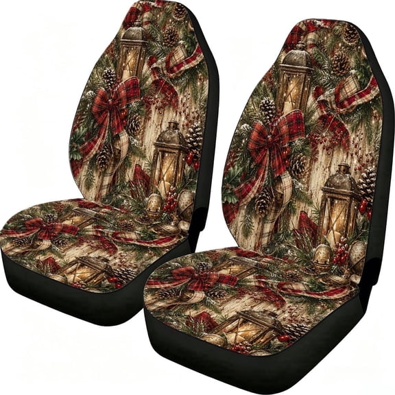 Odenmar Christmas Lantern Plaid Bow Car Seat Covers 2 Piece, Mesh Fabric Front Seat Protectors Universal Fit for Cars Suvs Trucks Vans