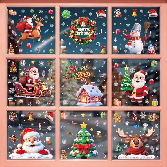 Odenmar Christmas Window Clings for Glass Windows, Santa in Sleigh & Peeking Reindeer Stickers, Indoor Christmas Decorations, Holiday Decor Decals, Decoracion de Navidad for Home