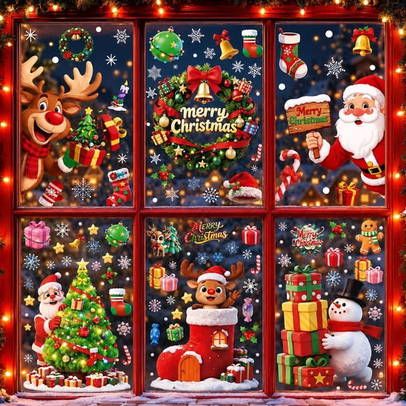 Odenmar Christmas Window Clings for Glass Windows, Santa Snowman Reindeer Wreath Stickers, Indoor Christmas Decorations, Holiday Decor Decals, Decoracion de Navidad for Home