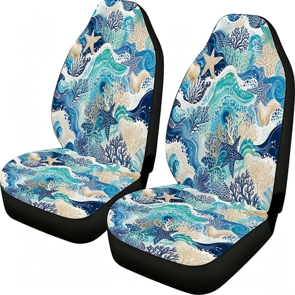 Odenmar Coastal Wave Starfish Car Seat Covers, 2-Piece Front Protectors, Made from Lightweight Mesh Fabric, Universal Fit for Trucks Vans Suvs