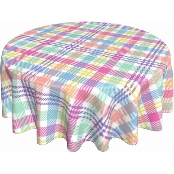 Odenmar Colorful Plaid Round Tablecloth 60 Inch, Spring Easter Checkered Table Cover, Waterproof Washable Polyester Tablecloth for Dining Kitchen Party Decor