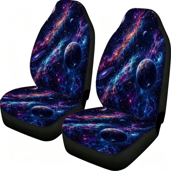 Odenmar Cosmic Galaxy Planets Car Seat Covers, 2-Piece Front Protectors, Made from Lightweight Mesh Fabric, Universal Fit for Trucks Vans Suvs