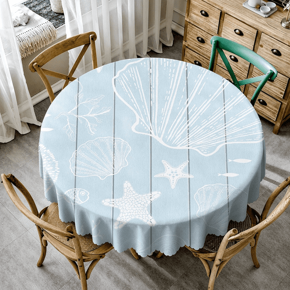 Odenmar 60 inch Round Coastal Tablecloth Sea Shell Starfish Wood Plank Polyester Fabric Cover for Dining Table Kitchen Beach Home Decor Everyday