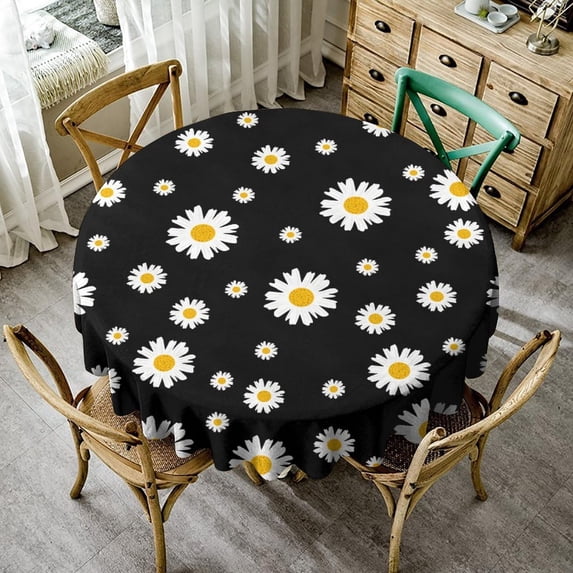 Odenmar Daisy Floral Round Tablecloth 60 Inch, Farmhouse Waterproof Table Cover, Rustic Flower Design for Dining Table, Kitchen, Party Indoor Outdoor