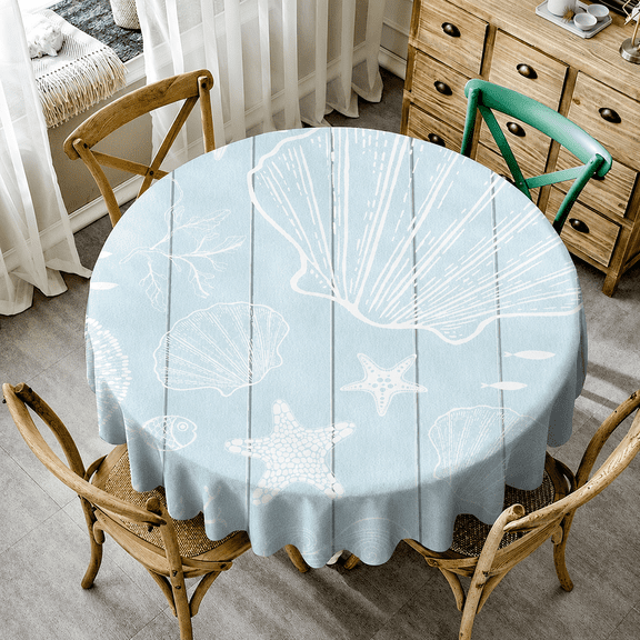 Odenmar 60 inch Round Tablecloth, Light Blue Coastal Shell Sea Turtle Print, Polyester Washable Reusable Cover for Dining Kitchen Outdoor