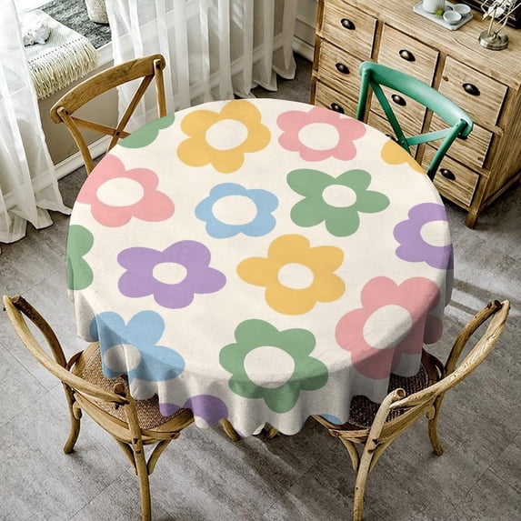 Odenmar Daisy Floral Round Tablecloth 60 Inch, Farmhouse Waterproof Table Cover, Rustic Flower Design for Dining Table, Kitchen, Party Indoor Outdoor