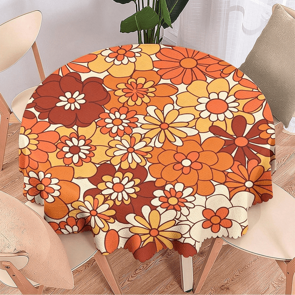 Odenmar 60 inch Round Tablecloth Retro Orange Floral Polyester Fabric Cover for Dining Kitchen Party Vintage Farmhouse Home Decor Everyday Use