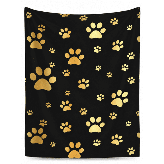 Odenmar Dog Paw Print Throw Blanket 30 x 40 Inch Soft Flannel Lightweight Cozy Black and Gold Pet Paw Blanket for Sofa Bed Couch Chair, Decorative Blanket for Dog Lovers