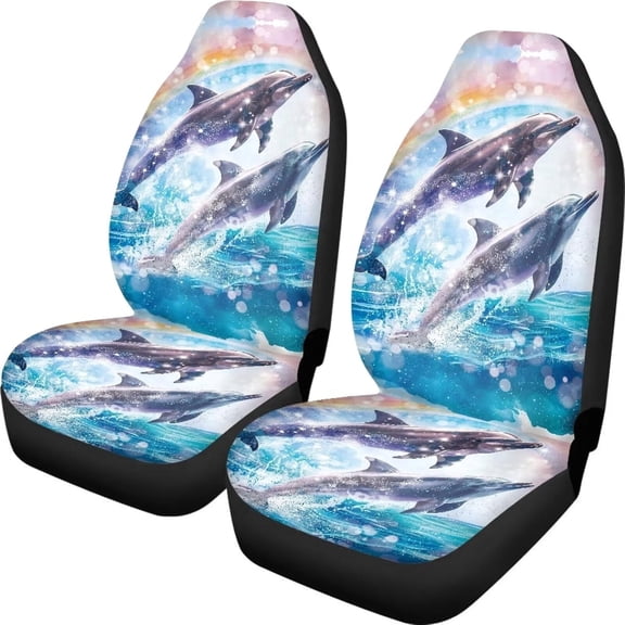 Odenmar Dolphin Rainbow Car Seat Covers, 2-Piece Front Protectors, Made from Lightweight Mesh Fabric, Universal Fit for Trucks Vans Suvs