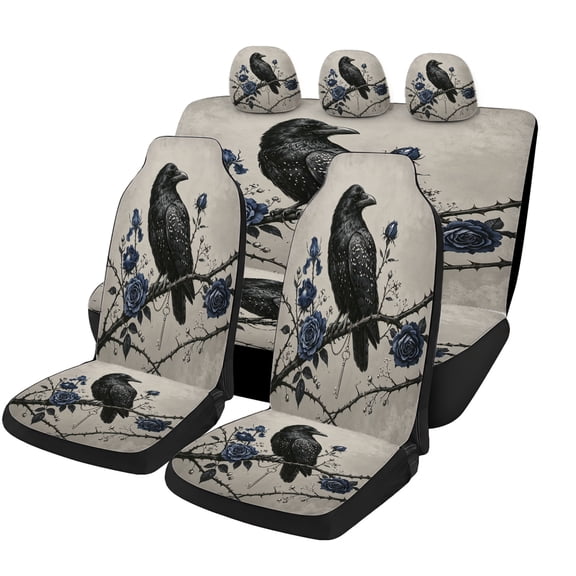Odenmar Gothic Raven Blue Rose Car Seat Covers Full Set, Mesh Fabric Universal Automotive Seat Protector with Front Seat Covers, Rear Bench Cover and Headrest Covers for Cars SUVs Trucks Vans