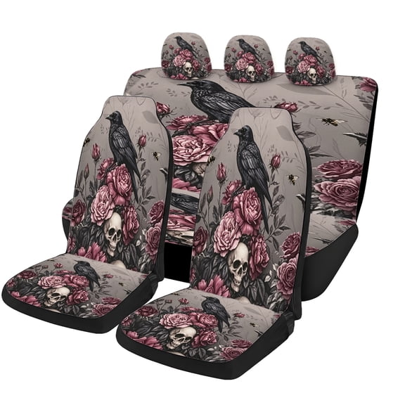 Odenmar Gothic Raven Skull Rose Car Seat Covers Full Set, Mesh Fabric Universal Automotive Seat Protector with Front Seat Covers, Rear Bench Cover and Headrest Covers for Cars SUVs Trucks Vans