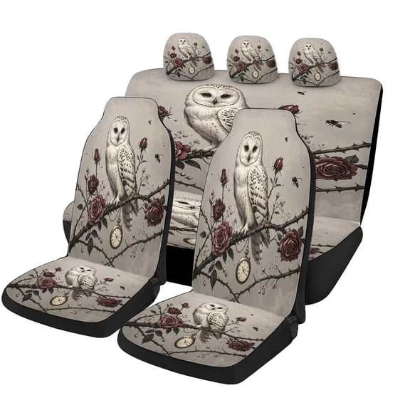 Odenmar White Owl Rose Clock Car Seat Covers Full Set Made with Mesh Fabric Universal Fit Protectors for Trucks Vans Sedans Suvs