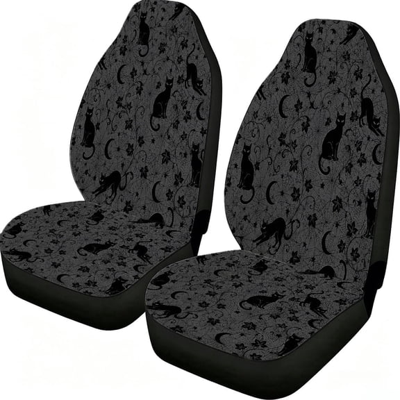 Odenmar Black Cat Crescent Moon Car Seat Covers, 2-Piece Front Protectors, Made with Mesh Fabric, Universal Fit for Trucks Vans Suvs