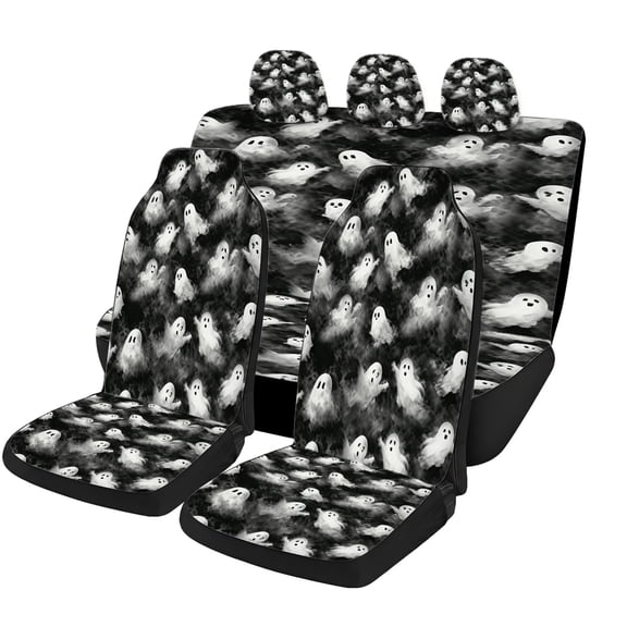 Odenmar Halloween Ghost Car Seat Covers Full Set, Mesh Fabric Universal Automotive Seat Protector with Front Seat Covers, Rear Bench Cover and Headrest Covers for Cars SUVs Trucks Vans