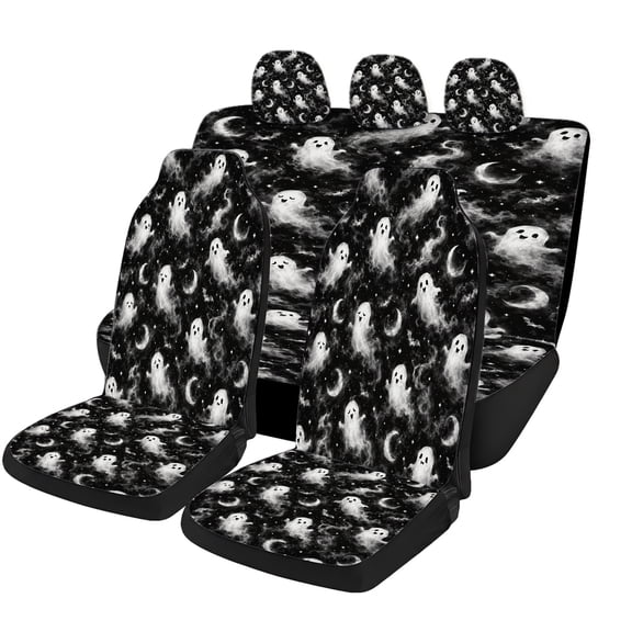Odenmar Halloween Ghost Moon Star Night Car Seat Covers Full Set, Mesh Fabric Automotive Seat Protector with Front Seat Covers, Rear Bench Cover and Headrest Covers for Cars SUVs Trucks Vans