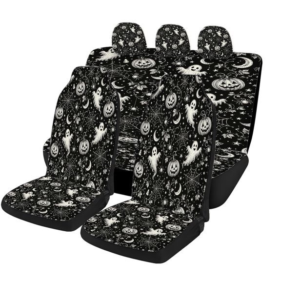 Odenmar Halloween Ghost Pumpkin Spider Web Bat Car Seat Covers Full Set Universal Fit Mesh Fabric Seat Protector Front Rear Bench Headrests Spooky Holiday Car Interior Decor SUVs Trucks Vans