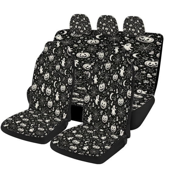 Odenmar Halloween Ghost Pumpkin Spider Web Car Seat Covers Full Set, Mesh Fabric Automotive Seat Protector with Front Seat Covers, Rear Bench Cover and Headrest Covers for Cars SUVs Trucks Vans