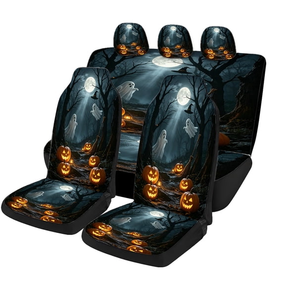 Odenmar Halloween Moon Ghost Pumpkin Forest Car Seat Covers Full Set, Mesh Fabric Automotive Seat Protector with Front Seat Covers, Rear Bench Cover and Headrest Covers for Cars SUVs Trucks Vans