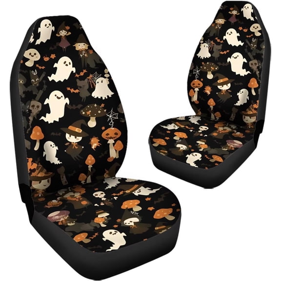 Odenmar Halloween Witch Ghost Mushroom Print Car Seat Covers Front Seats Only Set of 2 Universal High Back Mesh Fabric Seat Covers for Cars SUVs Sedans and Vans