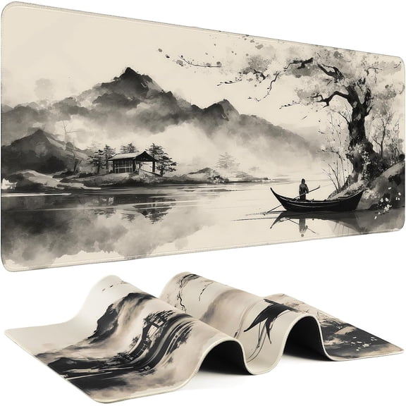 Odenmar Ink Landscape Mouse Pad 36 x 16 Inches, Extended Desk Mat with Smooth Cloth Surface, Non-Slip Rubber Base, 0.12 Inch Thick Artistic Mouse Pad for Office, Home, and Gaming