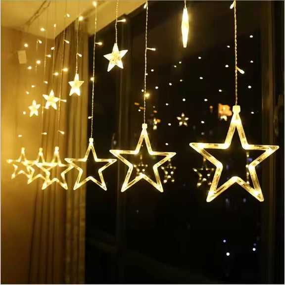 Odenmar-LED Star Curtain String Lights, Warm White Hanging Fairy Lights for Window, Wall and Room Decor