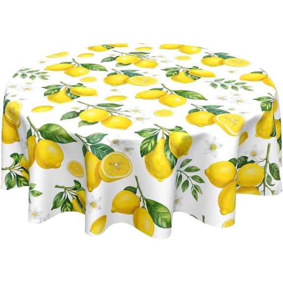 Odenmar Lemon Round Tablecloth 60 Inch, Summer Fruit Table Cover with Yellow Lemon Pattern, Waterproof Washable Tablecloth for Kitchen Dining Outdoor Picnic Decor