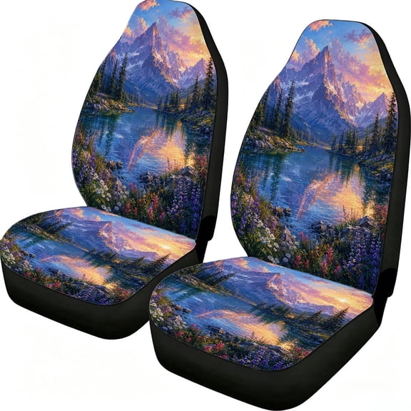 Odenmar Mountain Lake Sunset Car Seat Covers, 2-Piece Front Protectors, Made from Lightweight Mesh Fabric, Universal Fit for Trucks Vans Suvs
