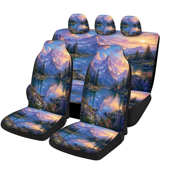 Odenmar Mountain Lake Sunset Car Seat Covers Full Set Made with Mesh Fabric Universal Fit Protectors for Sedans Trucks Vans Suvs