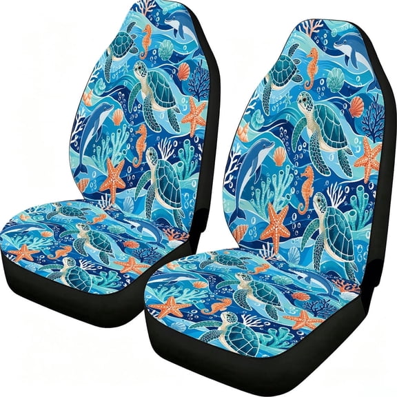 Odenmar Ocean Sea Turtle Dolphin Car Seat Covers 2-Piece Front Protectors, Made from Lightweight Mesh Fabric, Universal Fit for Cars Trucks Vans Suvs