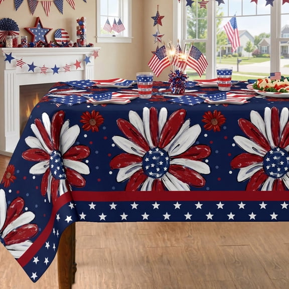 Odenmar Patriotic Tablecloth 60x84 Inch, Red White & Blue Independence Day Party Table Cover, Washable Polyester Tablecloth for Holiday & Memorial Day Celebration