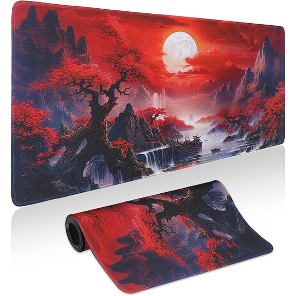 Odenmar Red Moon Landscape Mouse Pad 24 x 12 Inches, Extended Desk Mat with Smooth Cloth Surface, Non-Slip Rubber Base, 0.12 Inch Thick Mouse Pad for Office, Home, and Gaming