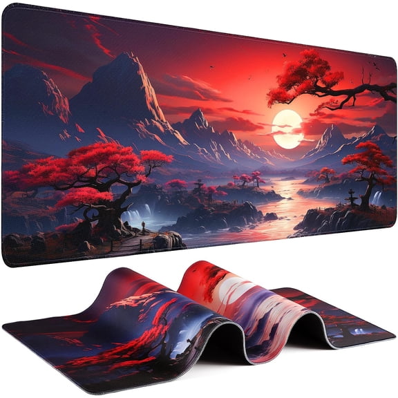 Odenmar Red Moon Landscape Mouse Pad 32 x 16 Inches, Extended Desk Mat with Smooth Cloth Surface, Non-Slip Rubber Base, 0.12 Inch Thick Mouse Pad for Office, Home, and Gaming