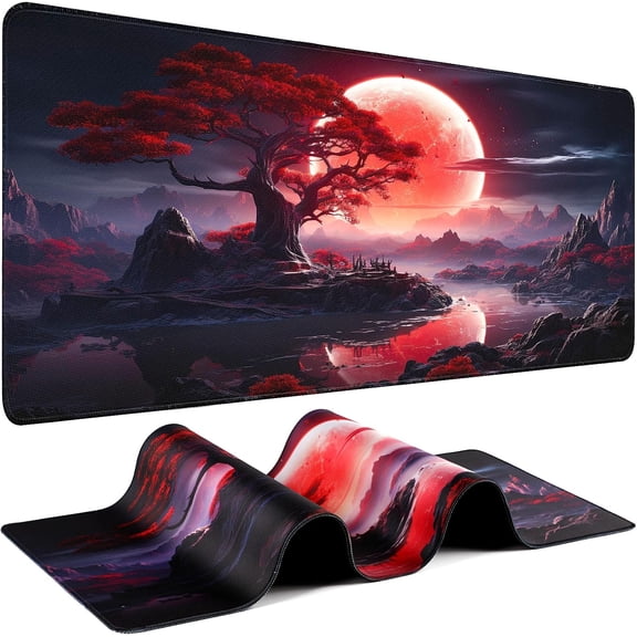 Odenmar Red Moon Tree Mouse Pad 36 x 16 Inches, Extended Desk Mat with Smooth Cloth Surface, Non-Slip Rubber Base, 0.12 Inch Thick Mouse Pad for Office, Home, and Gaming