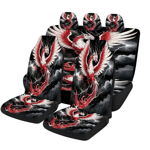 Odenmar Red White Phoenix Lightning Car Seat Covers Full Set Made with Mesh Fabric Universal Fit Protectors for Trucks Vans Sedans Suvs