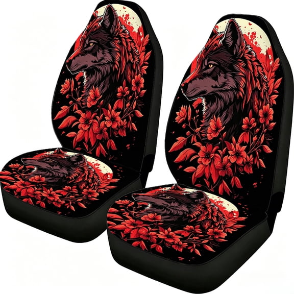 Odenmar Red Wolf Floral Car Seat Covers, 2-Piece Front Seat Mesh Fabric Protectors, Universal Fit for Cars Trucks Vans Suvs