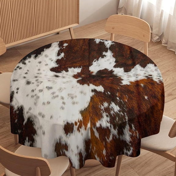 Odenmar Round Tablecloth 60 Inch, Brown White Cow Print Polyester Table Cover, Faux Cowhide Farmhouse Style Tablecloth for Dining Table, Kitchen, Party & Outdoor Use