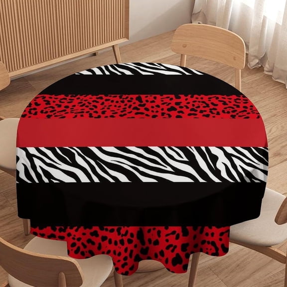 Odenmar Round Tablecloth 60 Inch, Red Black Animal Print Polyester Table Cover, Decorative Zebra Leopard Pattern Tablecloth for Dining Table, Kitchen, Party & Outdoor Use
