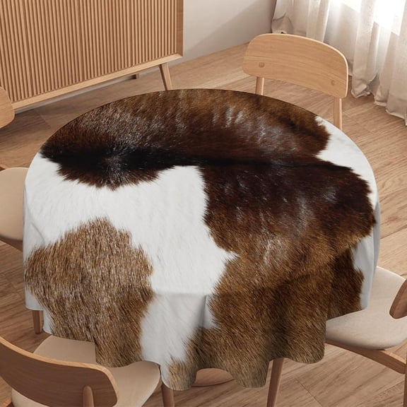 Odenmar Round Tablecloth 70 Inch, Brown Cow Print Polyester Table Cover, Faux Fur Texture Cowhide Style Tablecloth for Large Dining Table, Kitchen, Party & Home Decor