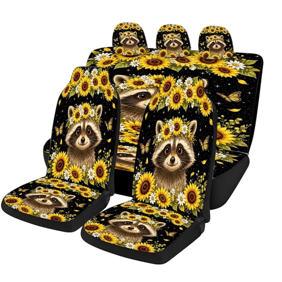 Odenmar Sunflower Raccoon Butterfly Car Seat Covers Full Set Made with Mesh Fabric Universal Fit Protectors for Sedans Trucks Vans Suvs