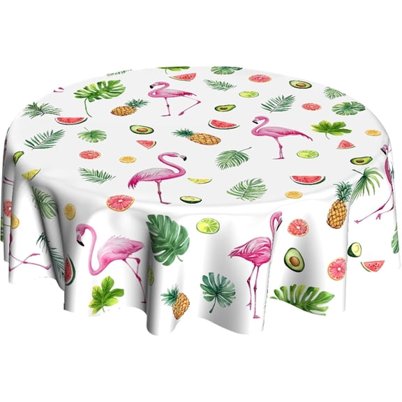 Odenmar Tropical Flamingo Round Tablecloth 60 Inch, Summer Fruit Palm Leaf Table Cover, Waterproof Washable Polyester Tablecloth for Party Picnic Dining Decor
