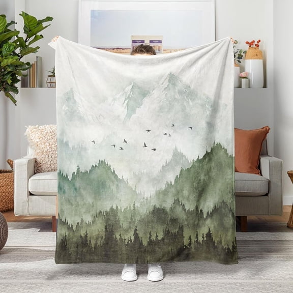 Odenmar Watercolor Mountain Forest Throw Blanket 60 x 80 Inch Soft Flannel Lightweight Cozy Sage Green Nature Landscape Blanket for Sofa Bed Couch Chair